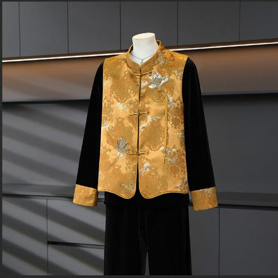 Spring Three-Piece Chinese-Style Outfit: Vest, Long-Sleeve Top, and Wide-Leg Pants for Middle-Aged and Elderly Women
