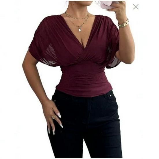 2026 Women's V-Neck Puff Sleeve Fitted Waist Fashion Top