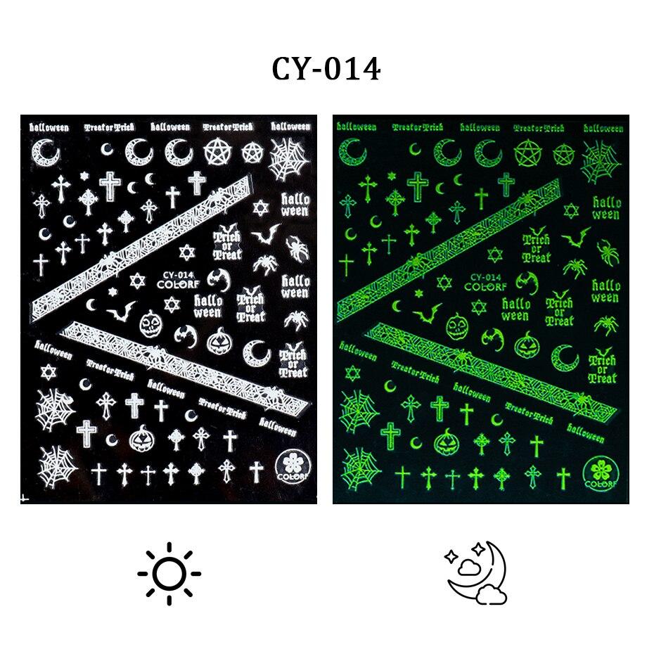 

3D Хэллоуин дизайн ногтей светится в темноте светящаяся наклейка для ногтей Тыква Паук Звезда Луна наклейки для ногтей CY-014