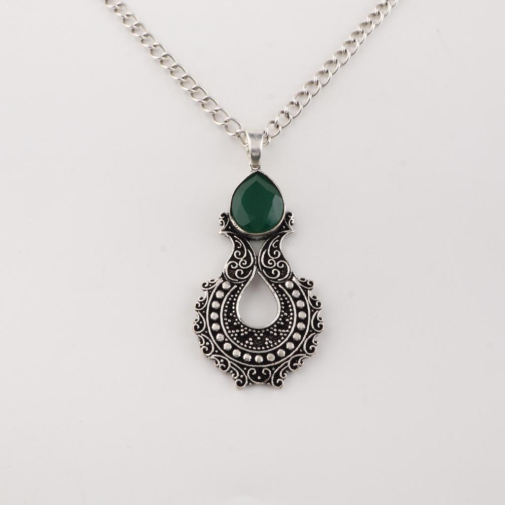 Green Onyx Gemstone 925 Sterling Silver Women Jewelry Partywear Chain Pendant 1.8" For Wife CP-45-19