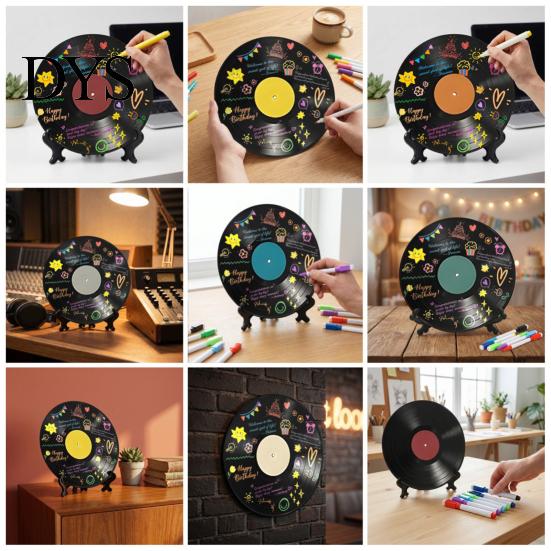 Music Themed Party Decor Vinyl Record DIY Graffiti Clock Ornament, Blank Acrylic Retro Tabletop Wall Hand Painted Art with Stand Reusable Personalized