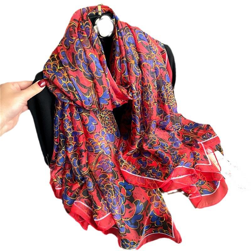 Flower simulation silk pattern scarf women's large size sunscreen light luxury silk scarf commuting large shawl soft yarn temperament