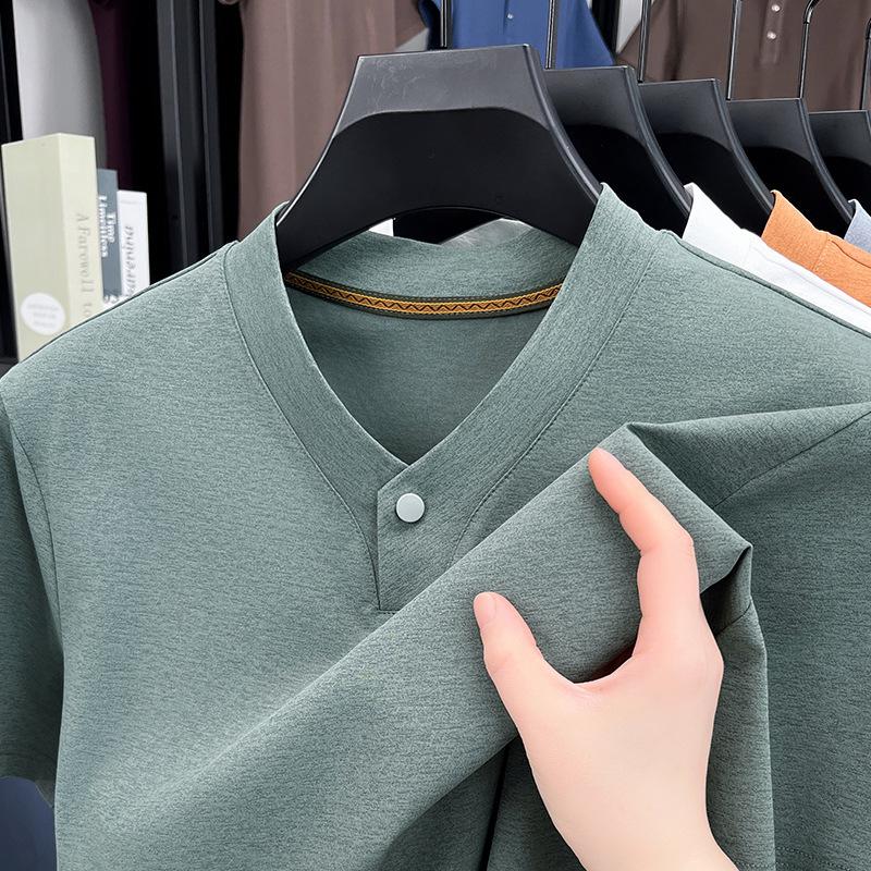 

Весенне-летняя мужская футболка премиум-класса, с коротким рукавом, V-образным вырезом, повседневная однотонная футболка 4XL зелёный