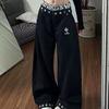 Dam Y2K-stil Baggy Jeans Hög Midja Leopardmönstrad Midjeband Vida Ben Svarta Jeansbyxor