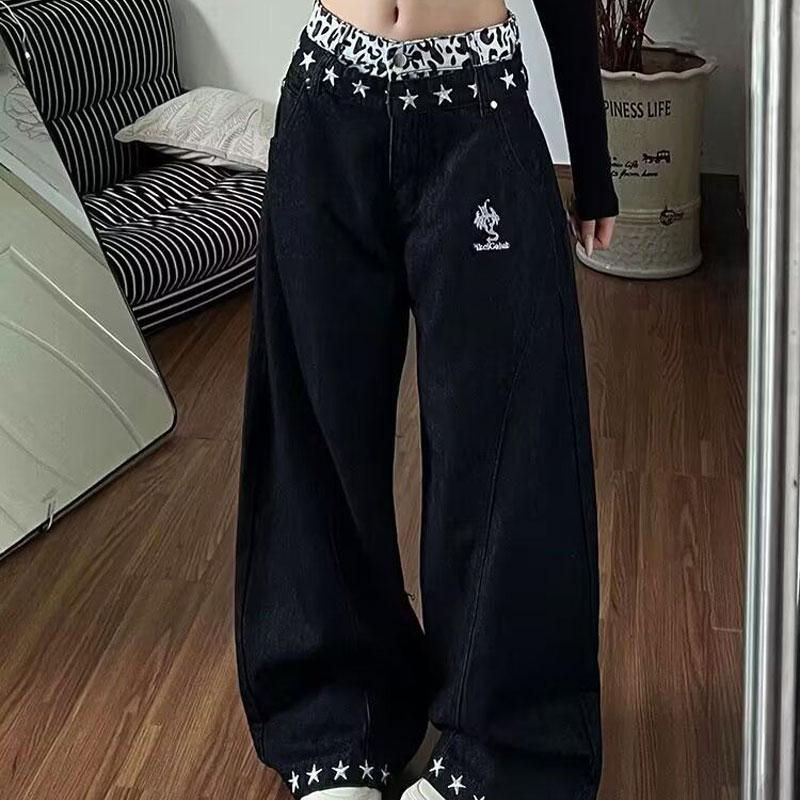Dam Y2K-stil Baggy Jeans Hög Midja Leopardmönstrad Midjeband Vida Ben Svarta Jeansbyxor