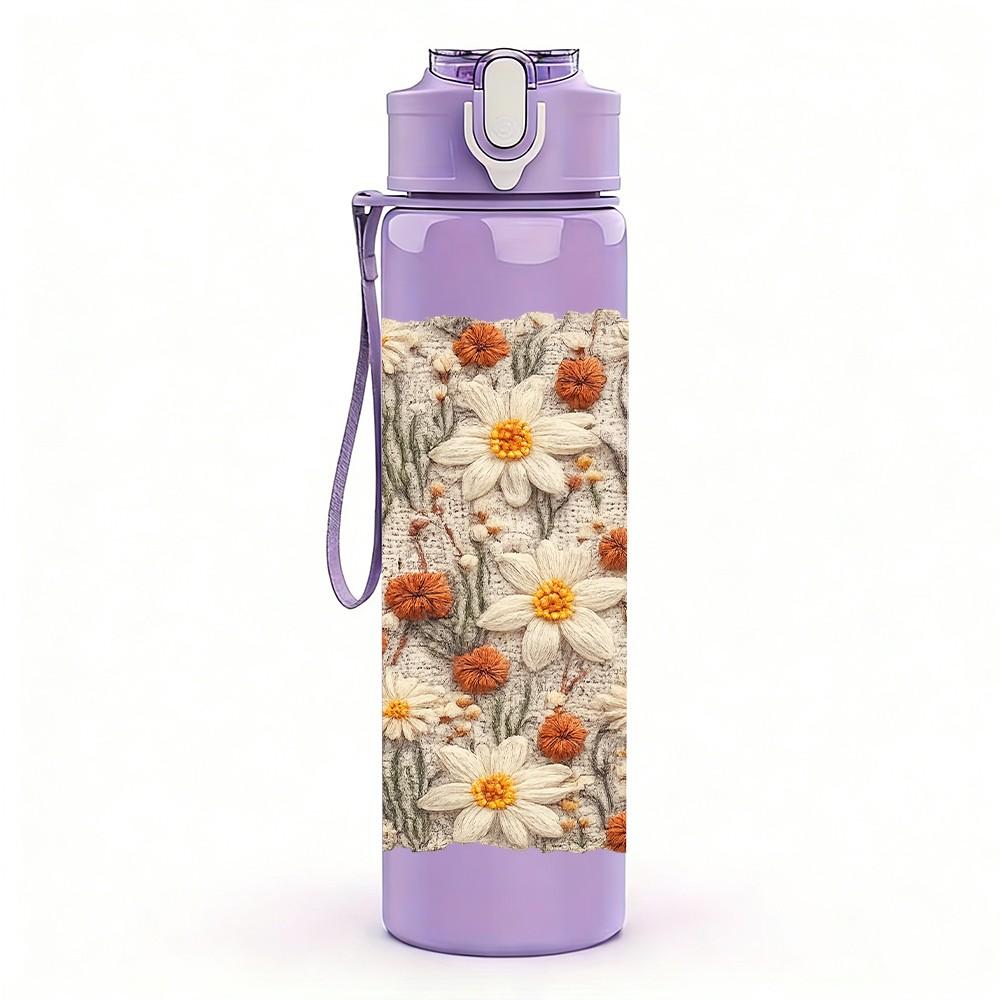 1PC Dried Daisy Beige Neutral Bouquet Print 750ml Color Plastic Sports Water Bottle Leakproof Flip Straw Lid Suitable for Sports Office Home Use