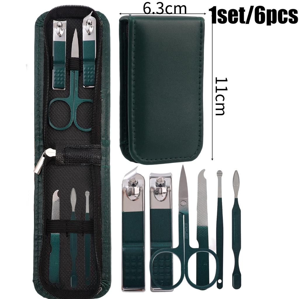 6 Pcs Portable Nail Scissors Sets Carbon Steel Green Black Nail Clippers Scissors File Manicure Beauty Tools Kit Full Function