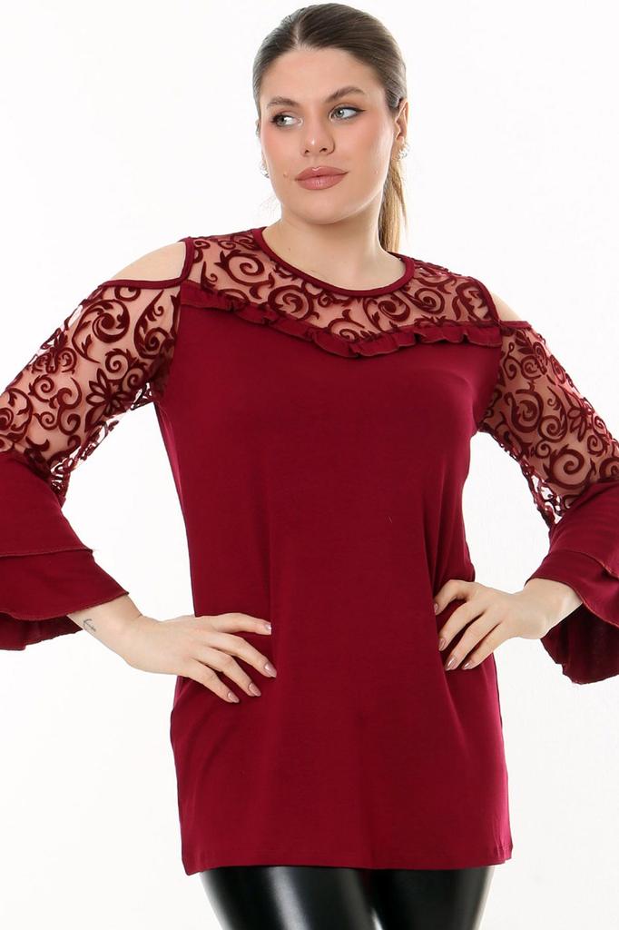 Women's Big Size Blouse Flounce Sleeve Comfortable Flowy Lace Detailed Style And Cool Blouse