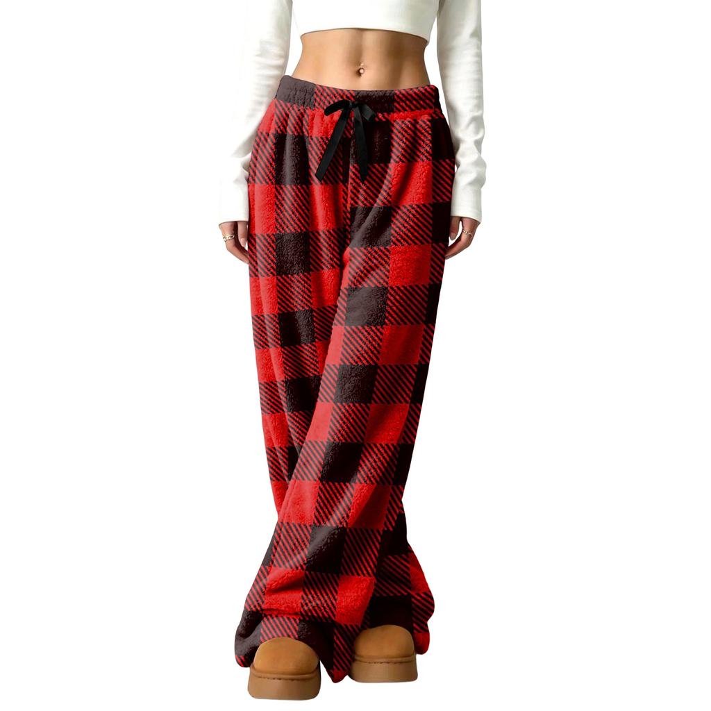 Women's Casual Plaid Print -Lined Wide Leg Pants with Elastic Waist, Loose Fit Trousers for Fall Winter