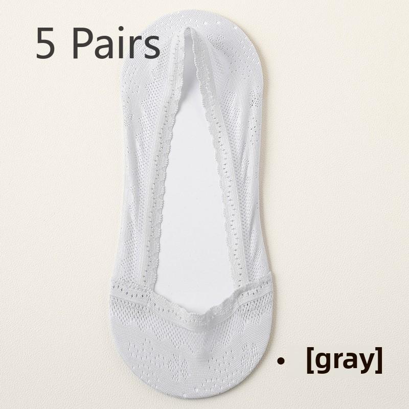 5 Pairs of Women's Summer Thin Ice Silk Cotton Sole Shallow Mouth Invisible Lace Mesh Non Slip Socks