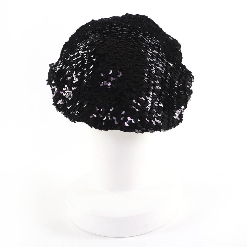 Great CHANEL Beret COCO Mark 100% Silk Lining with Sequins Black Women M 17C Used