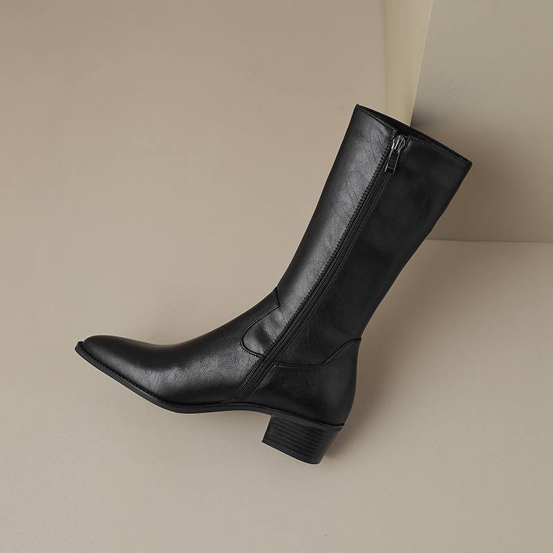 Krazing Pot Cow Leather Winter Pointed Toe Thick Med Heels Western Boots Women Zipper Retro Vintage Mid-calf Boots