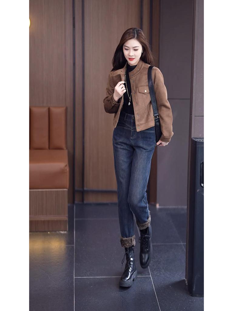 Brand Women's 2025 Autumn/Winter Velvet-Lined Skinny Jeans for Petite Figure