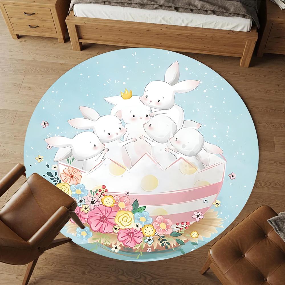 1pc Rabbit___flower Round Chair Mat Area Rug - Non-Slip, Floor Mat for Office, Bedroom, and Indoor Decor C1125175