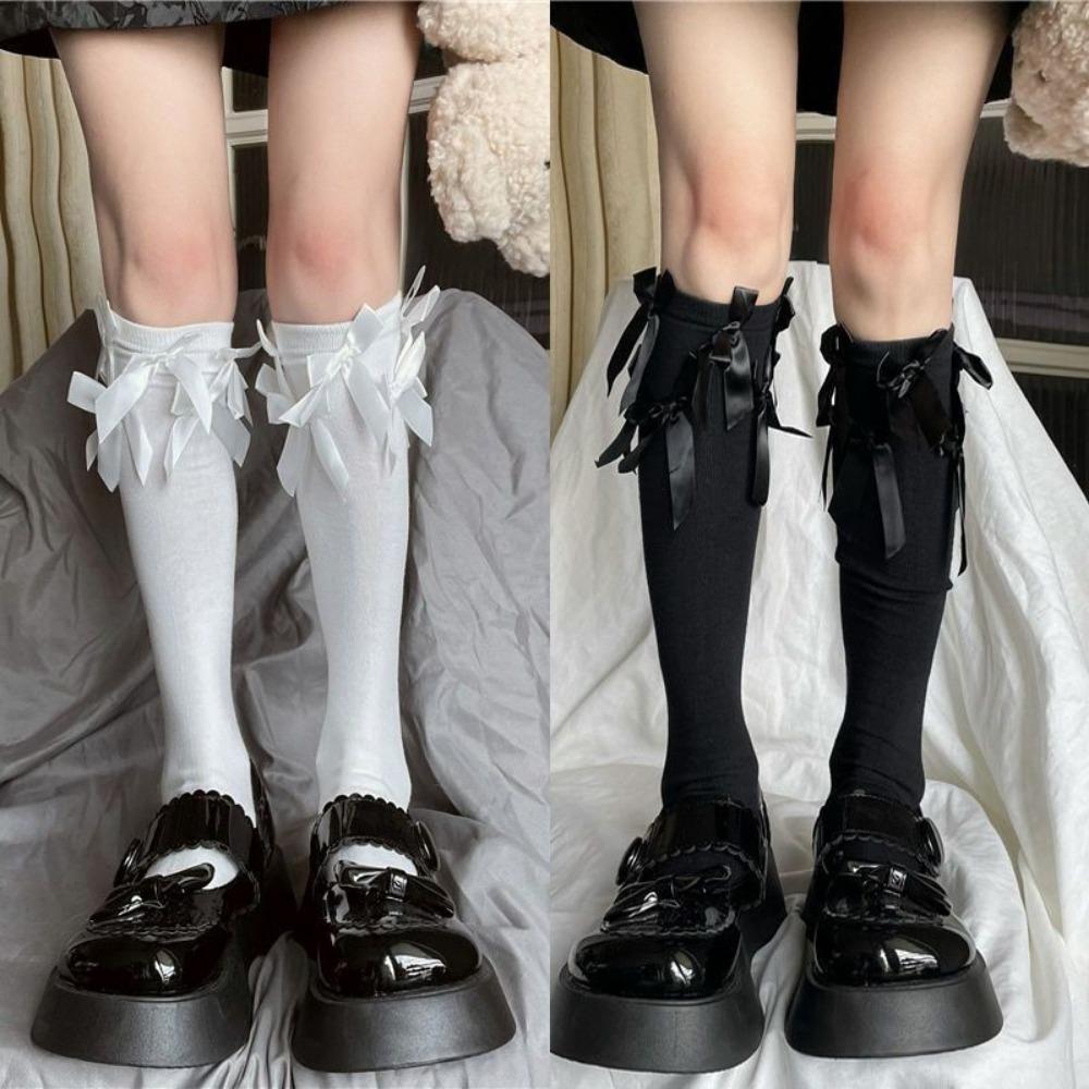 Multiple Bow Tube Socks Children Summer Thin Cute Japanese Design Sense Black Jk Calf Socks Babes