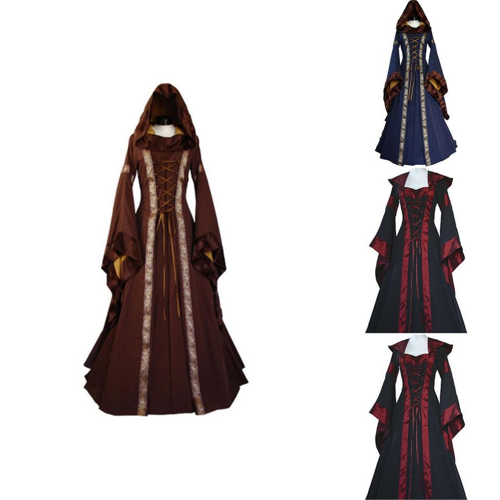 Costume Abito Medievale Gotico Vintage da Donna Abito Vittoriano Rinascimentale con Cappuccio Retrò