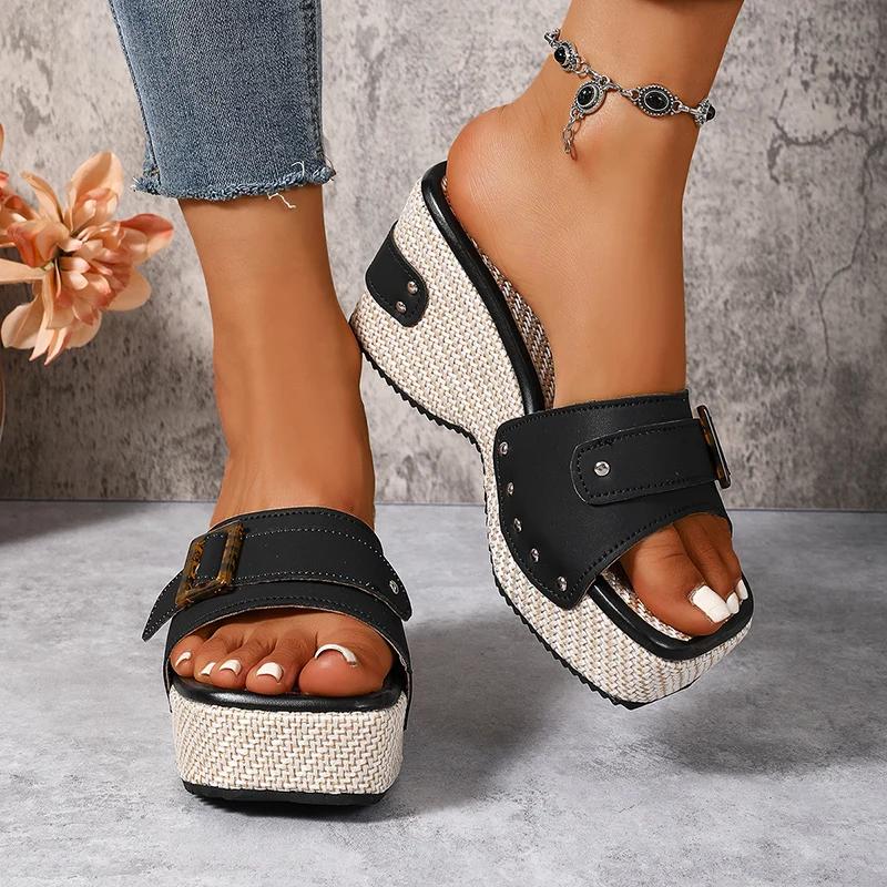 Fashion Fashion Slippers Vintage Buckle Square Toe Slippers Women Shoes Platform Sandals Lady Summer Wear-Resistant Wedge Slides Female