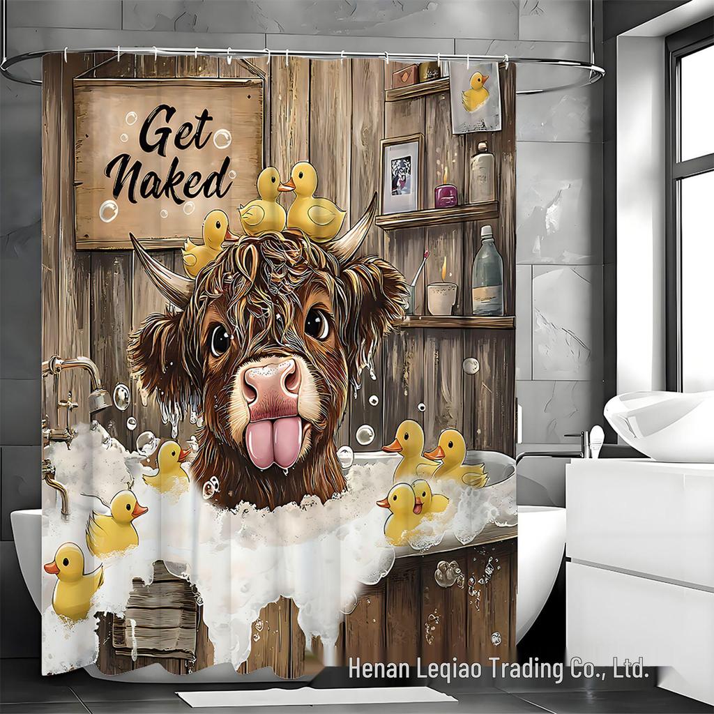 Cute Highland Cow Bathroom Set: Shower Curtain, Bath Mat, Toilet Lid Cover, 12 Hooks