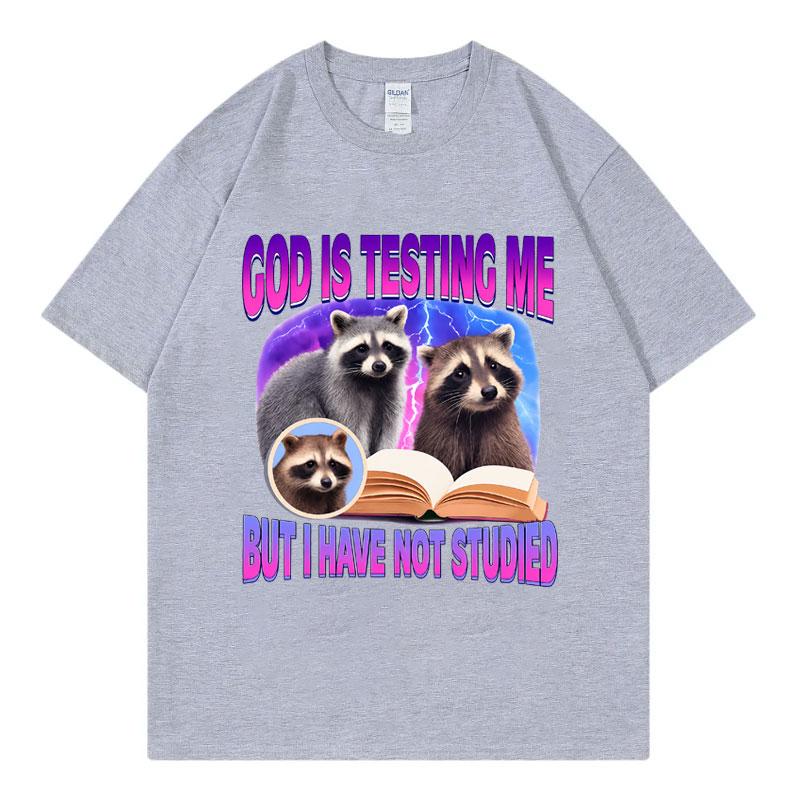 God Is Testing Me But I Have Not Studied Raccoon Funny Meme T Shirt Fashion Y2k Oversized Tshirts Unisex Casual Cotton Tshirt