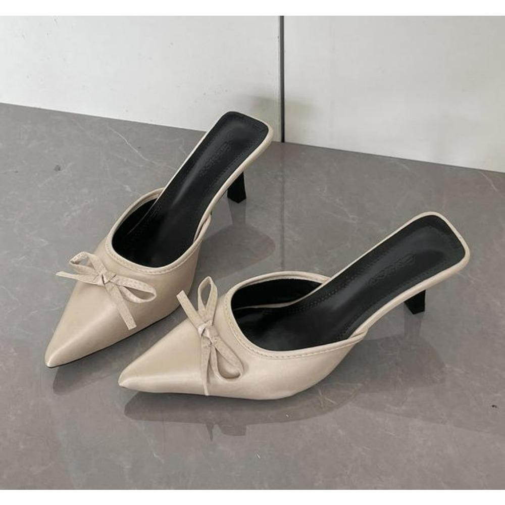New Butterfly-knot Women Slipper 2026 Summer Pointed Toe  Slip on Ladies Mules Thin Low Heel Satin Slide Sandals Zapatos Mujer