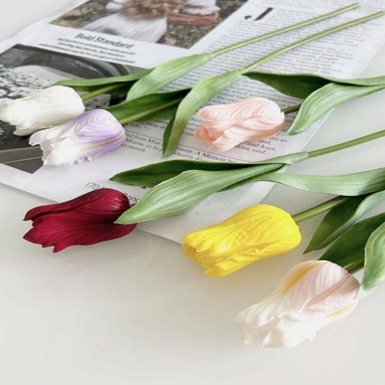 Artificial Tulip Flower Real Touch PU Faux Tulip Flower Stem with Leaves for Wedding Floral Arrangement Spring Home Office Table Decor
