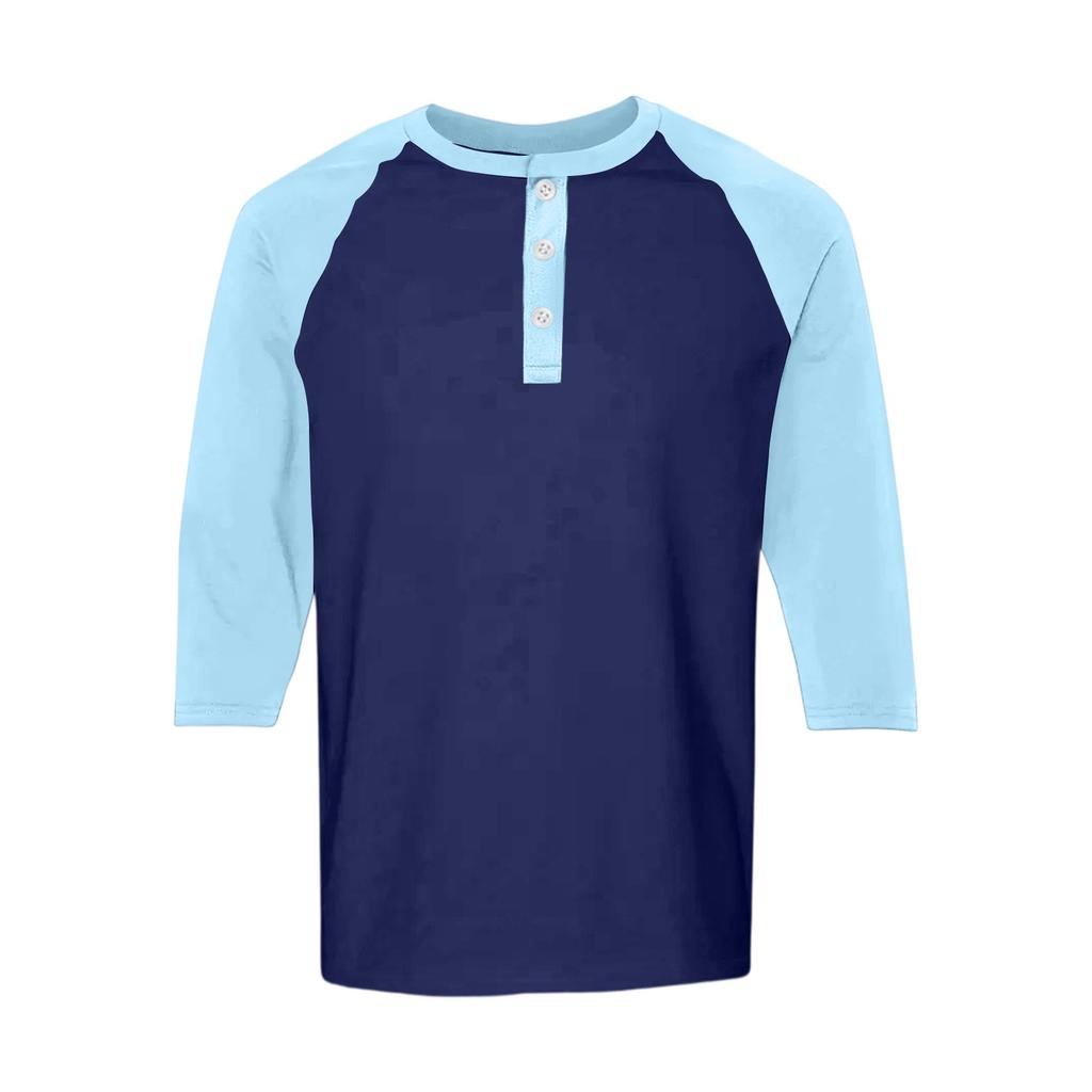 Men's Button-Down Contrast Raglan 3/4 Sleeve Top