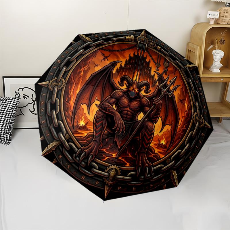 Devilish Inferno Emblem pattern umbrella, portable and foldable design, 8 ribs, a casual accessory for Halloween, Christmas, and birthday gifts.