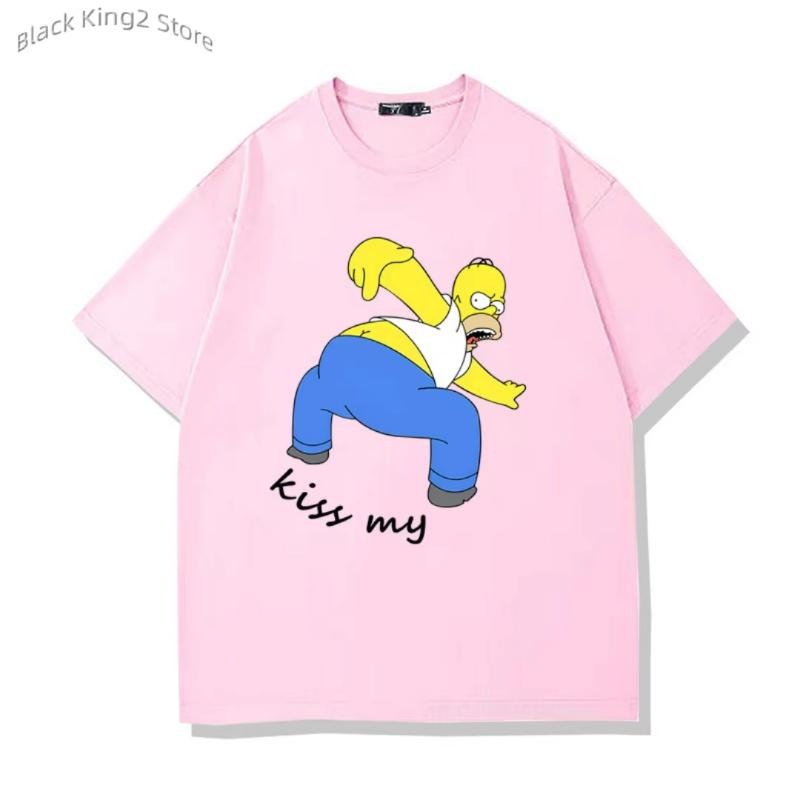 Simpsons Graphic Men's T Shirts Kiss My Printed Funny Cotton T-Shirts Casual Short Sleeved Tops Men's and Women's Loose Clothing