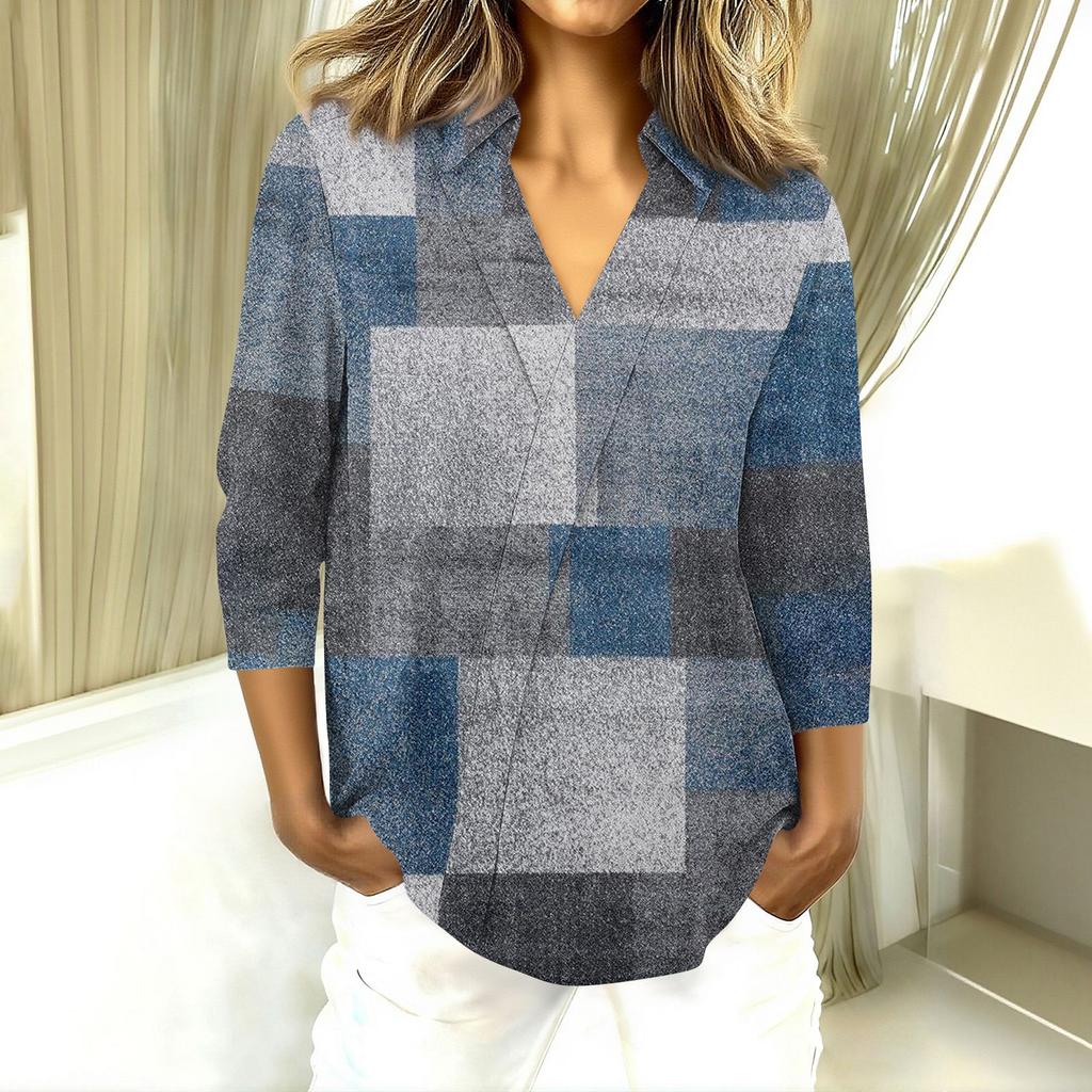 3/4 Length Sleeve Womens Tops V Neck Shirts Trendy Printed Business Casual Work Blouses