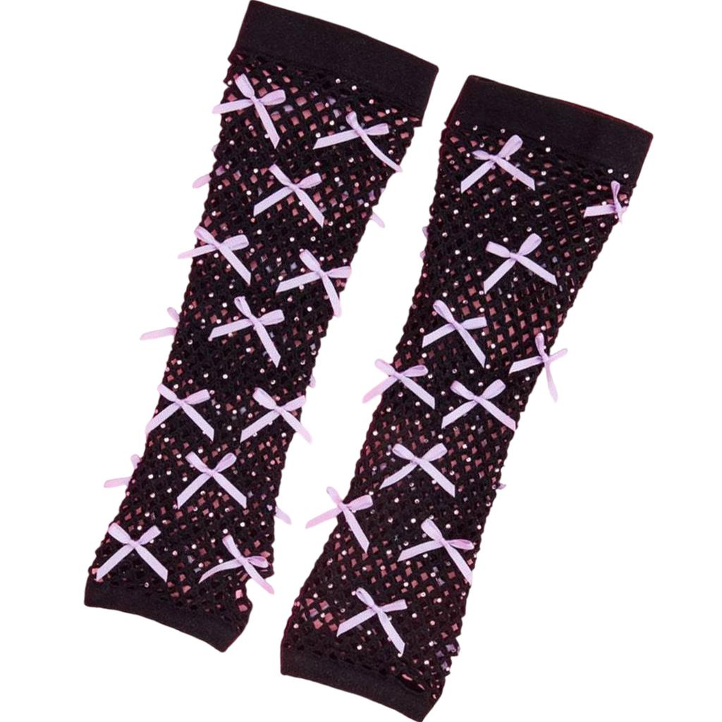 Vintage Mesh Fingerless Gloves with Rhinestones and Bowtie for Women Various Parties and Music Festival Handwear