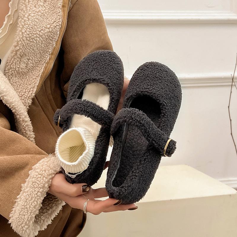 

Осень-зима 2025 новые туфли Мэри Джейн Мао Мао женская верхняя одежда корейская версия одинарная пряжка одинарные туфли на плоской подошве бархатный термо-котик 40 серый