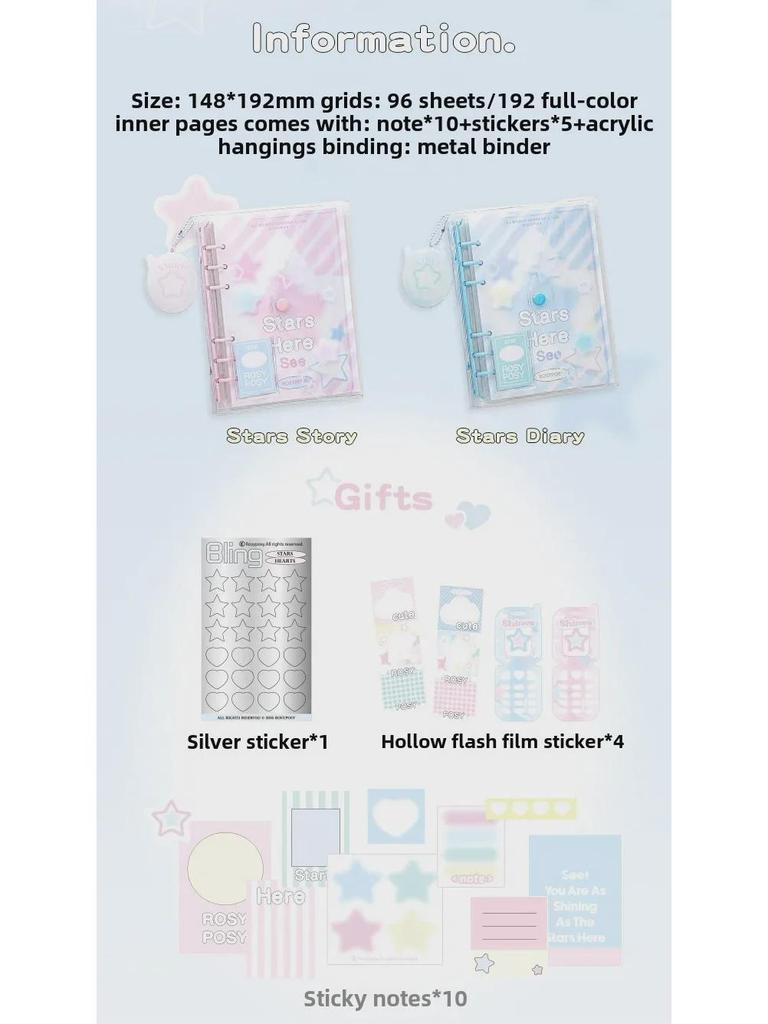 RosyPosy Shinee Star Loose-Leaf Notebook: Soft Design, PVC Cover, Color Pages.