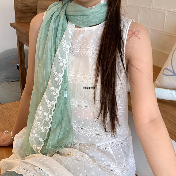 Jasmine Green Grapes Mori Style Cotton Linen Silk Scarf for Women - Spring/Summer 2025 Neck Accessory