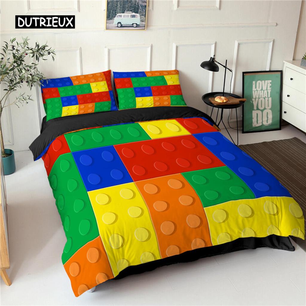 Toy Print Duvet Cover Set Dot Building Blocks Comforter Cover Microfiber Bedding Set Colorful Geometric Bricks Game Quilt Cover