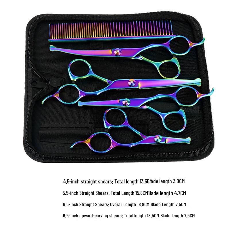 All-Steel Pet Grooming Scissors Set: Flat-Tooth & Curved Trimmers for Dog Hair Care.