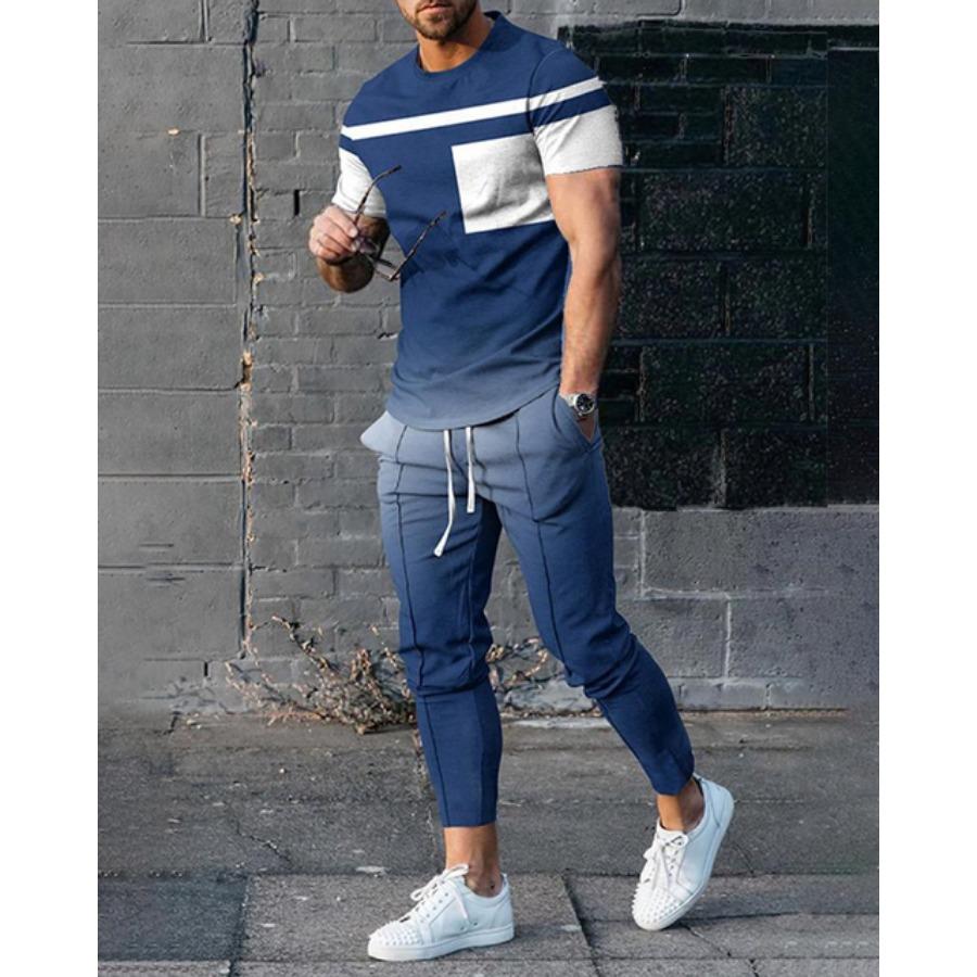 Fashion Men Trousers Tracksuit Stripe Printed Jogger Sportswear Short Sleeve T Shirt +Long Sweatpants 2 Piece Sets Men Clothes
