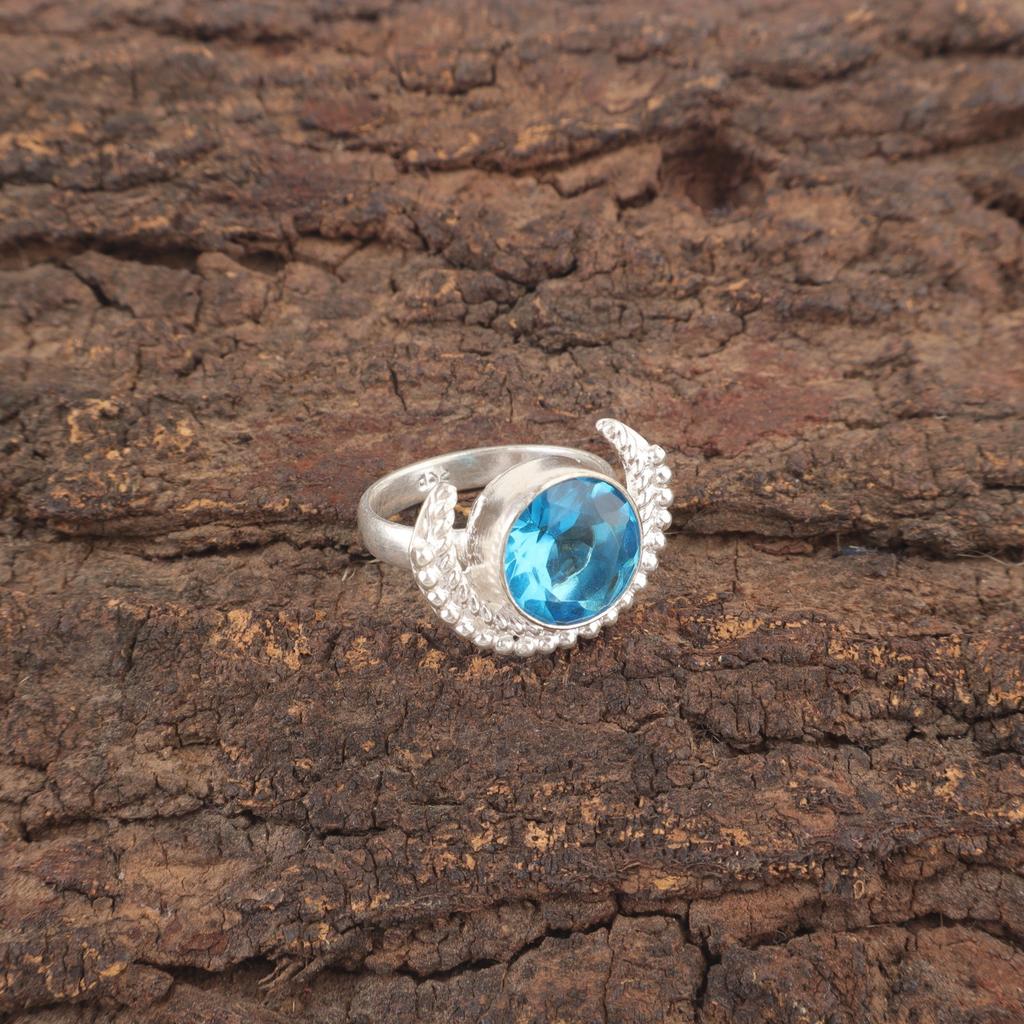 Round Swiss Blue Topaz Stone 925 Sterling Silver Eternity Best Friend Gift Ring RR-48-14