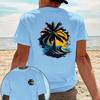 Mens Cotton Tropical Palm Tree TShirt with Beach Sunset and Wave Pattern Casual Surfing Vacation Summer Top