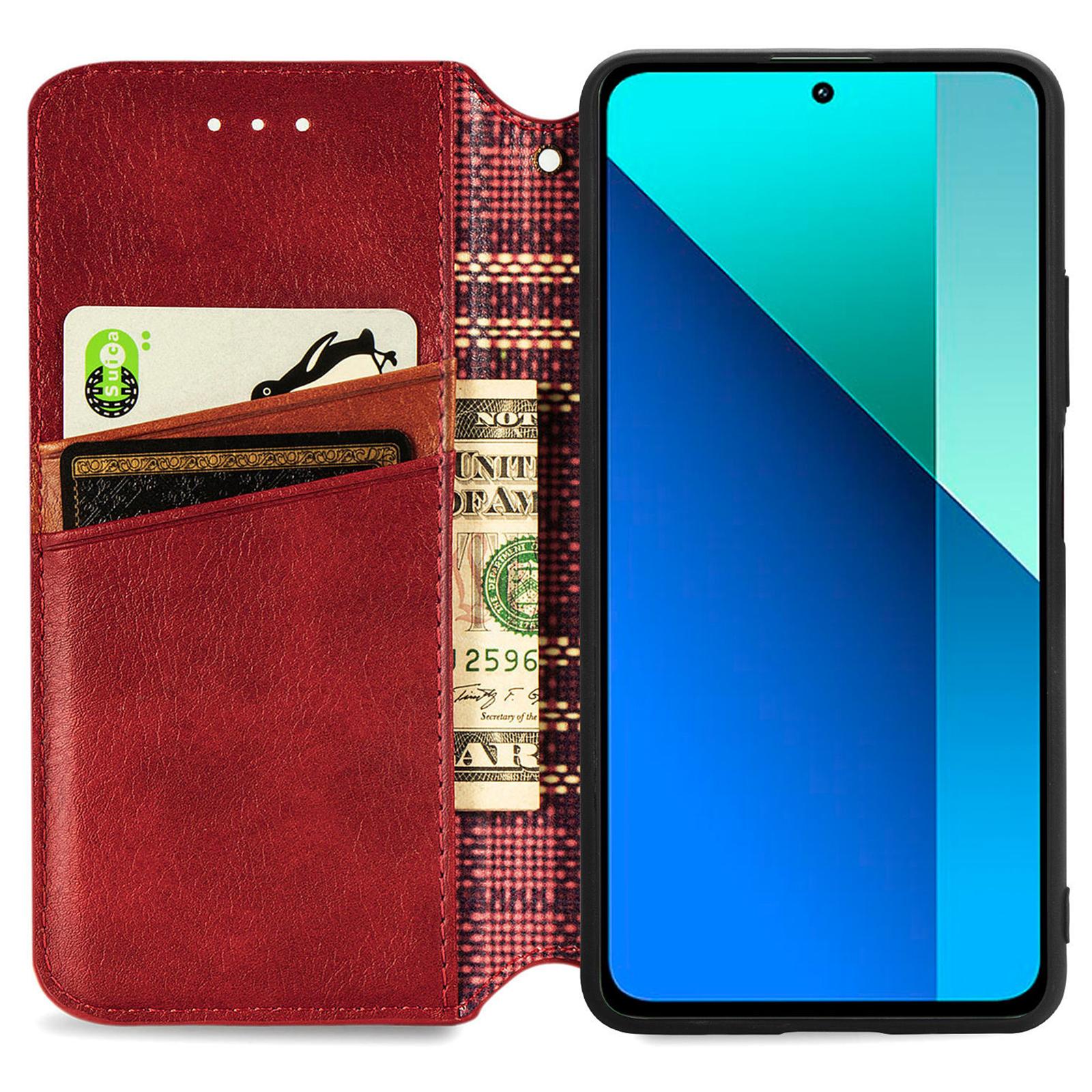 

For Xiaomi Redmi Note 13 4G PU Leather Case Rhombus Imprint Wallet Stand Phone Cover Red
