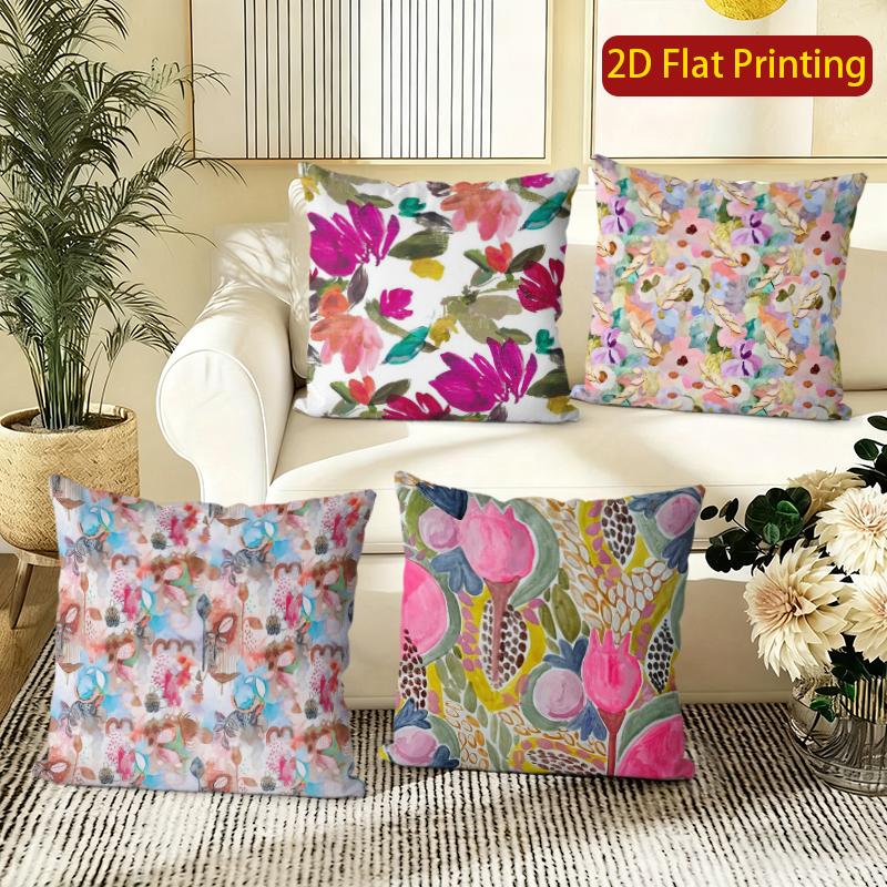 Watercolor Floral Print Square Throw Pillow Covers Pattern Cushion Cover Suitable For Sofa Bedroom Car Pillow Cover