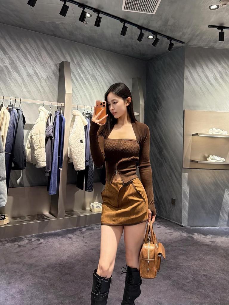 Nanyou Retro A-Line High Waist Brown Leather Mini Skirt for Women