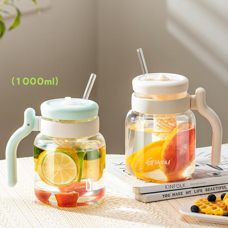 1000ML Sklenice s víčkem a brčkem Domácí kuchyně Průhledný tumbler s brčkem Šálek na kávu s uchem Láhev na vodu