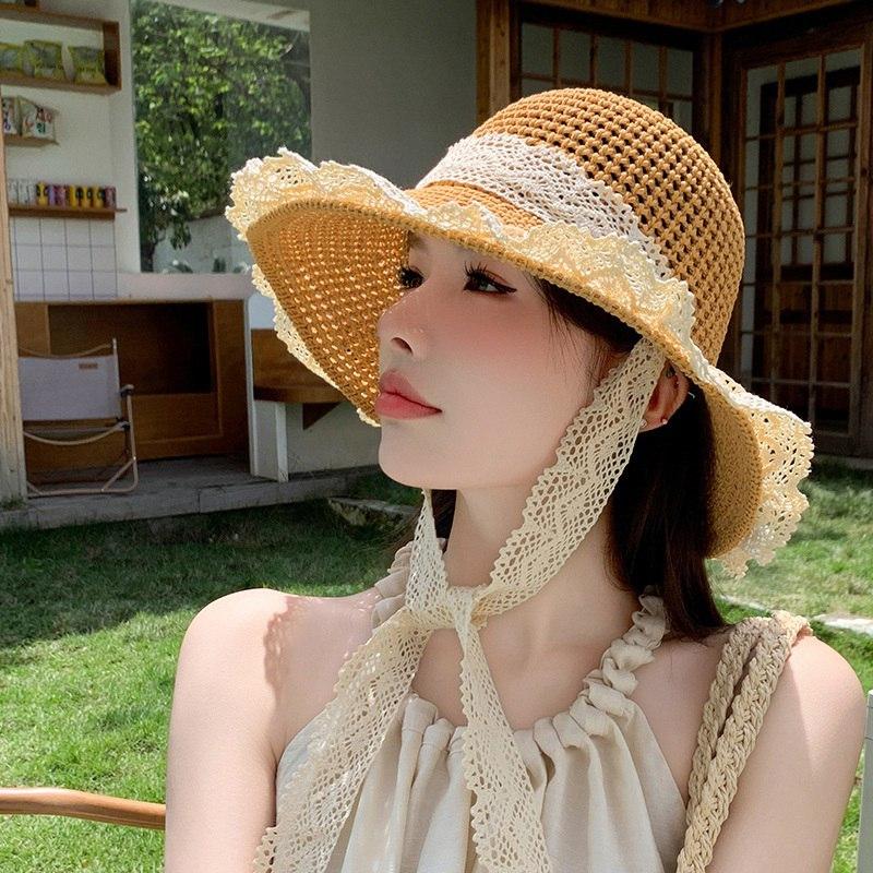 Women's Lace-up Straw Hat Wide Brim Beach Hat Foldable Sun Protection Hat
