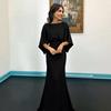 Dames Geplooide Bootnek Bruiloftsgast Jurk, Backless Vleermuis 3/4 Mouw Bodycon Lange Jurk, Formele Feest Cocktail Prom Jurk