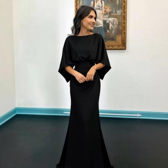 Dames Geplooide Bootnek Bruiloftsgast Jurk, Backless Vleermuis 3/4 Mouw Bodycon Lange Jurk, Formele Feest Cocktail Prom Jurk