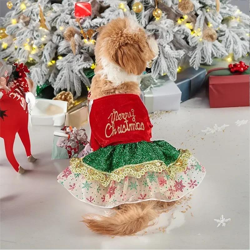 Merry Christmas Print Fine Sequined Mesh Dress Pet Clothes Colorful Princess Skirt Christmas Party Costume Dog Cosplay Clothes