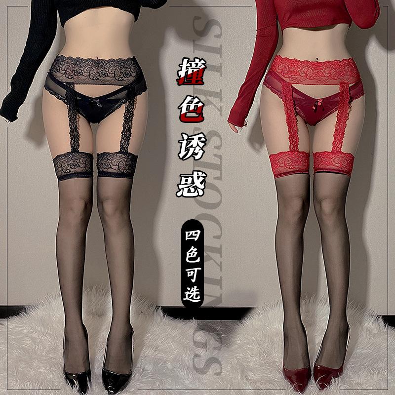Sexy halter one-piece socks, romantic silk socks, women's high leg socks, contrasting color ultra-thin black edge red spice black silk socks