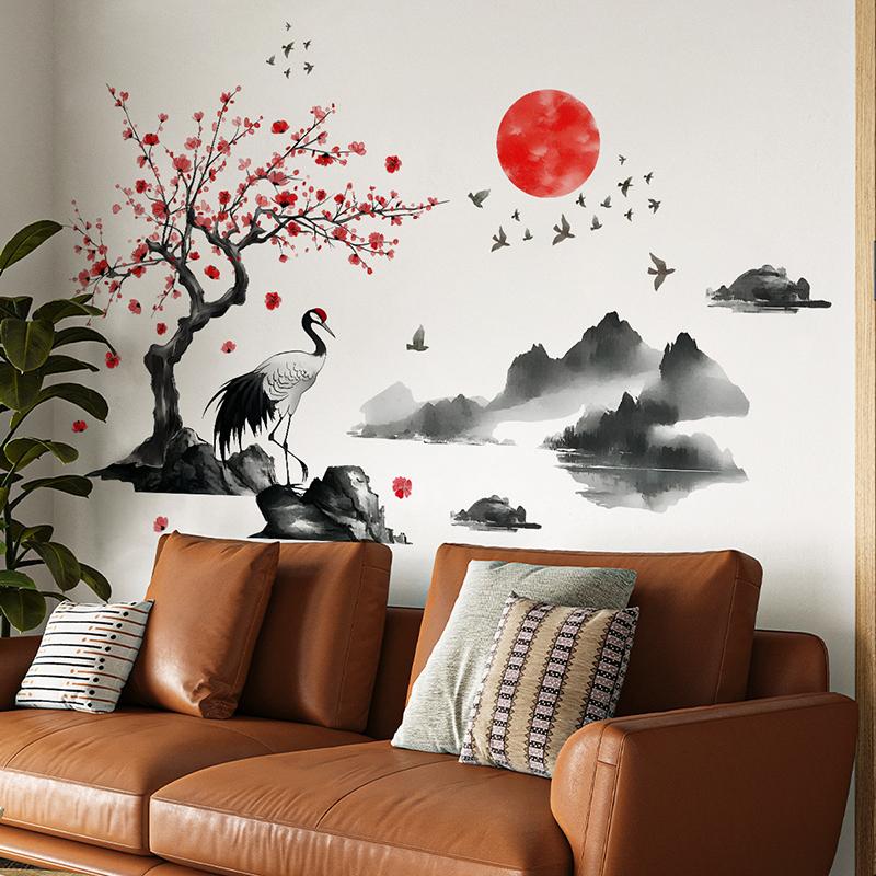 Chinese Style Ink Painting Wall Sticker Bedroom Living Room Wall Sticker Home Decor Self-Adhesive Wallpaper Art Murals