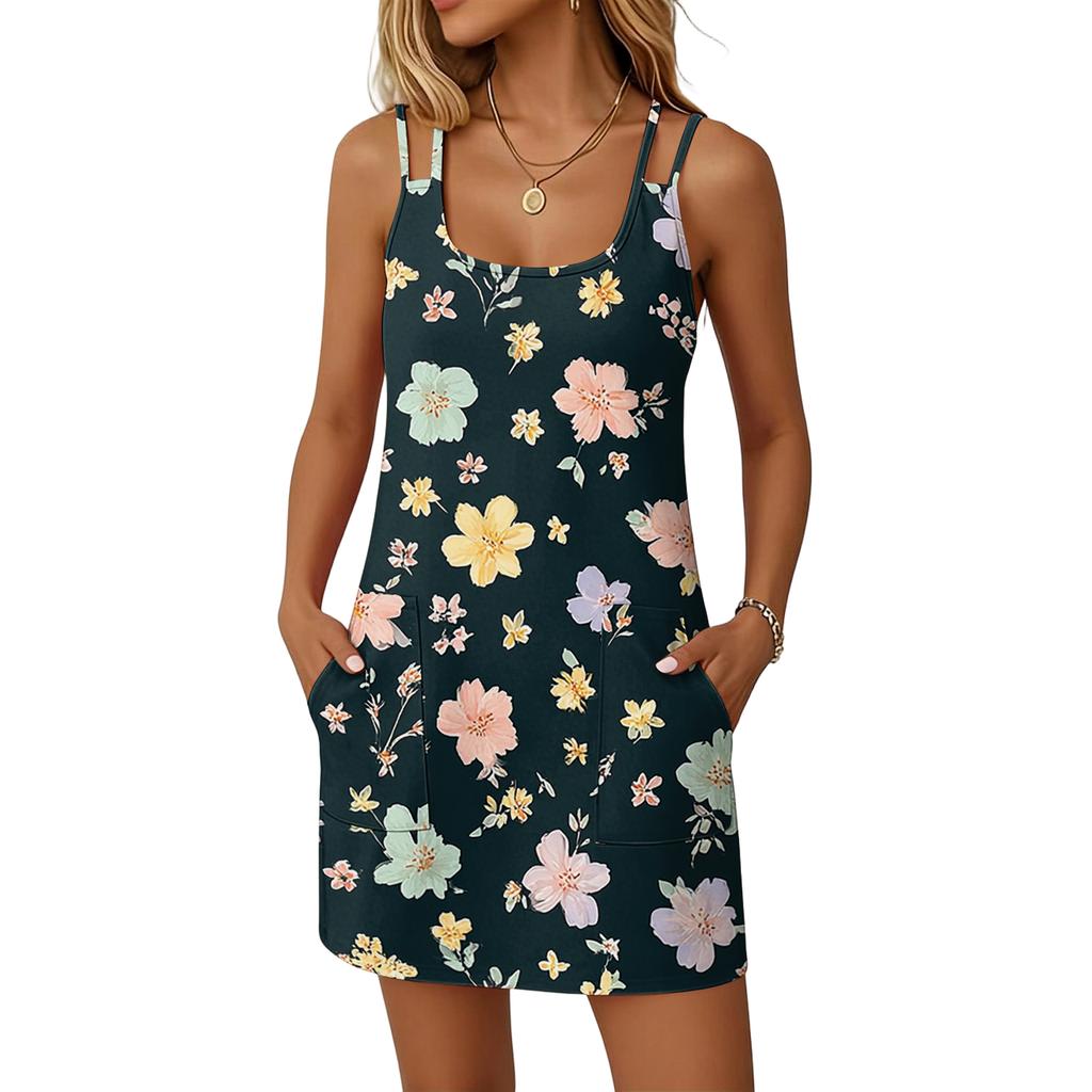 Women's Fashion Casual Floral Print Dress Double Sling Pocket Dress