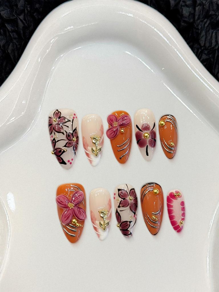 10Pcs Handmade Fake Nails With 3D Carved Petals Decor Almond Press On Nails Manicure Tool For Woman Detachable False Nails
